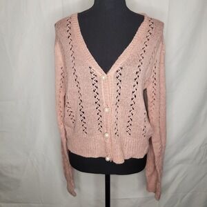 Almost Famous Pink Pearl Button Crochet Knit Cardigan Sweater Women's Size L